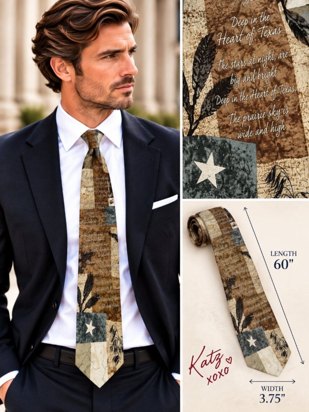 Texas Deep in the Heart 100% Silk Tie Lone Star Flag Lyrics Long 60" Necktie